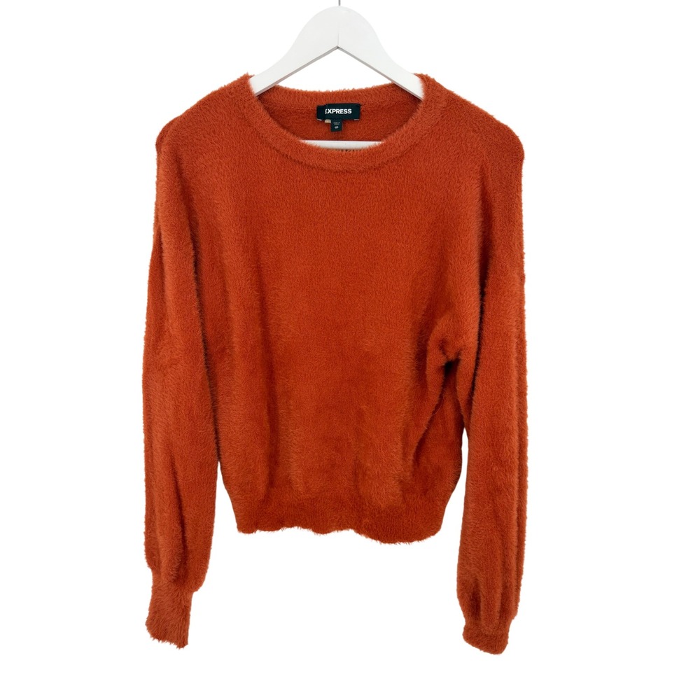 Express Eyelash Knit Sweater Women XS Orange Fuzzy Crew Neck Pullover